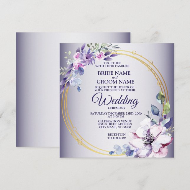 Invitation Watercolor Floral Golden Geometric Purple Wedding (Devant / Derrière)