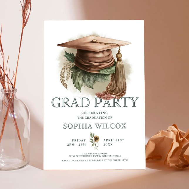 Invitation Watercolor Floral Graduation Cap Photo Grad Party (Créateur téléchargé)