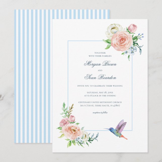 Invitation Watercolor Floral Hummingbird Seersucker Wedding (Devant / Derrière)