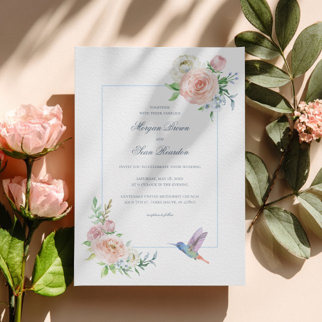 Invitation Watercolor Floral Hummingbird Seersucker Wedding (Créateur téléchargé)