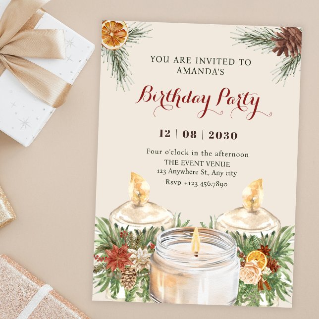Invitation Watercolor floral leaves candles birthday (Créateur téléchargé)