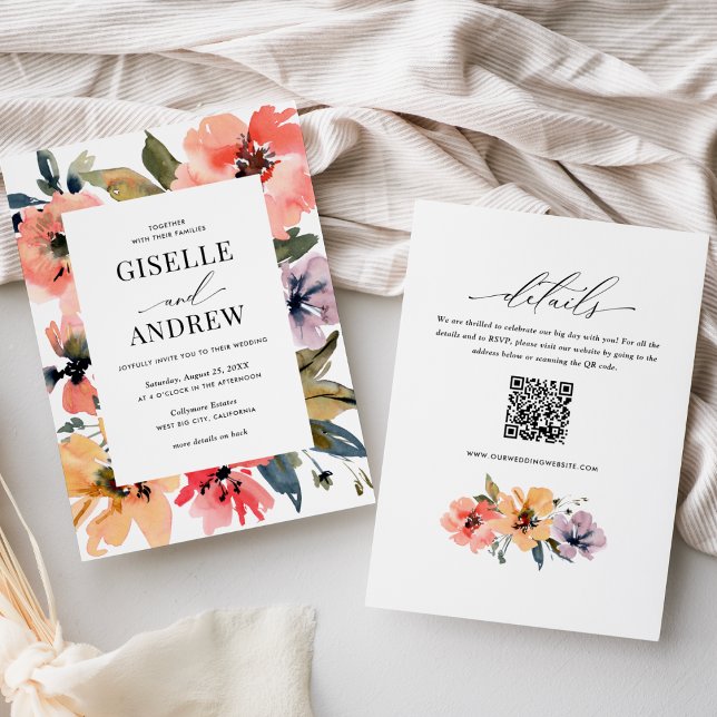 Invitation Watercolor Floral Mariage Website QR (Créateur téléchargé)