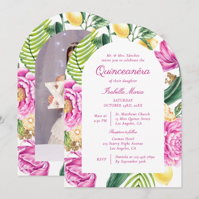 Invitation Watercolor Floral Peonies Custom Photo Quinceañera (Devant / Derrière)