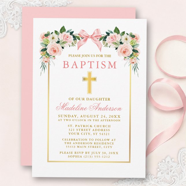Invitation Watercolor Floral Pink Bow Gold Frame Baptism (Customize to change text color, size, style or to change color of back of card.)