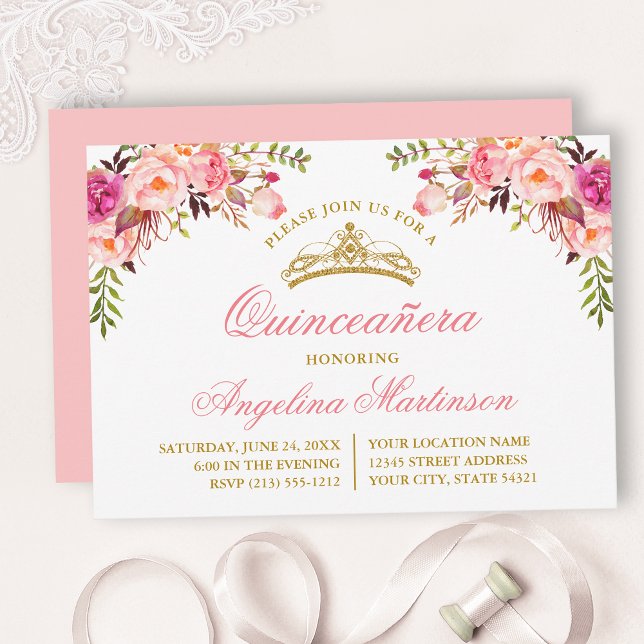 Invitation Watercolor Floral rose Quinceanera Party (Customize to change text color, style, add text & photos to back or change color of back of card.)