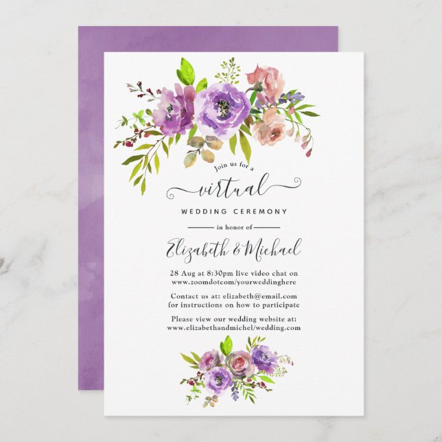 Invitation Watercolor Floral Spring Online Mariage virtuel (Devant / Derrière)