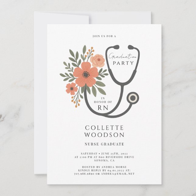 Invitation Watercolor Floral Stethoscope Nurse Graduation (Devant)