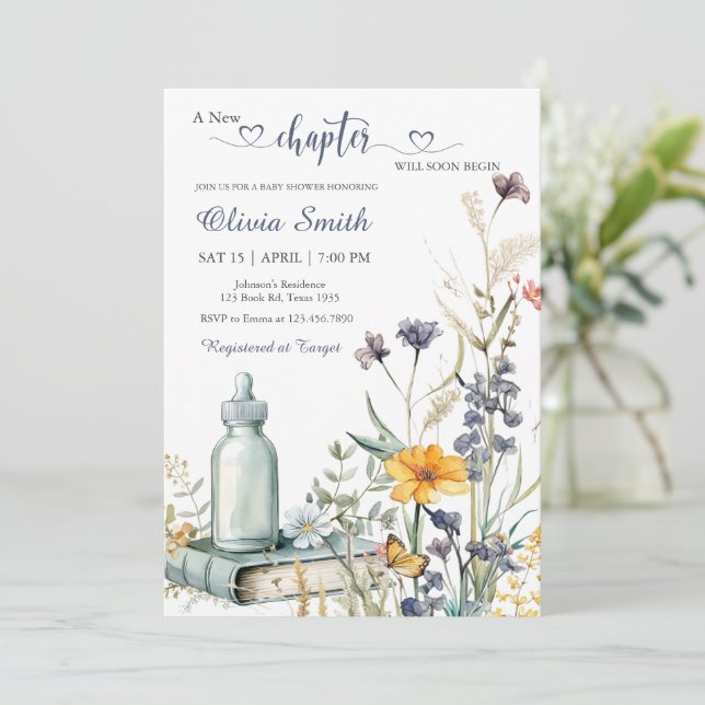 Invitation Watercolor Floral Storybook Baby shower garçon (Debout devant)