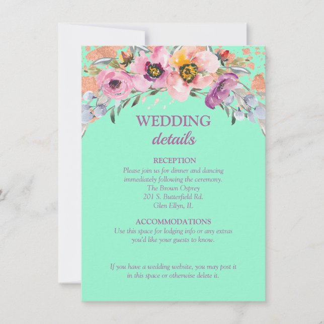 Invitation Watercolor Floral sur Neo Mint Mariage Réception (Devant)