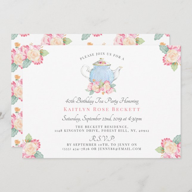 Invitation Watercolor Floral Tea Party | Anniversaire (Devant / Derrière)