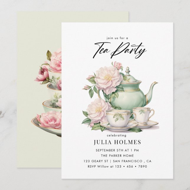 Invitation Watercolor Floral Teacup Tea Party (Devant / Derrière)