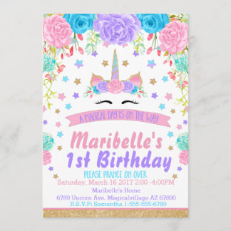 Invitation Watercolor Floral Unicorn Face Birthday Party