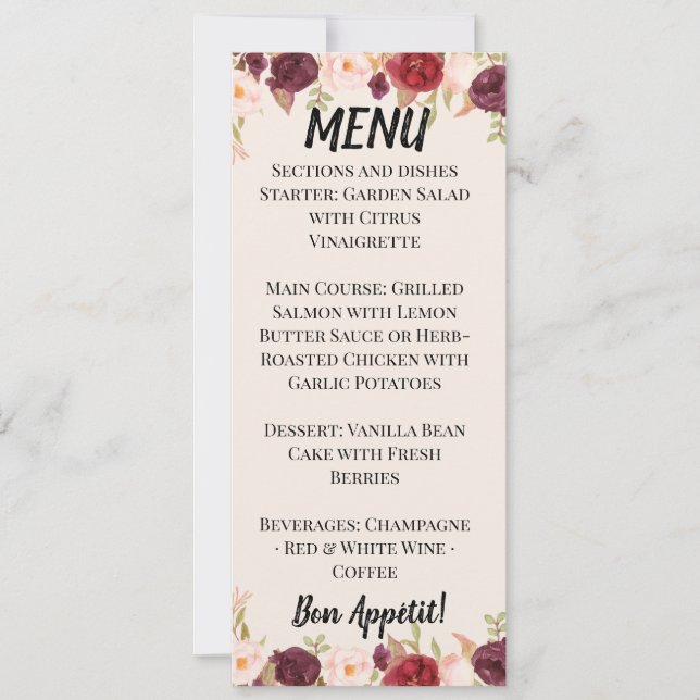 Invitation Watercolor Floral Wedding Menu (Devant)