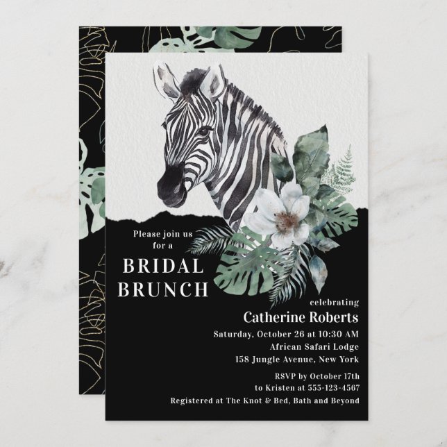 Invitation Watercolor Floral Wild Zebra Bridal Brunch (Devant / Derrière)