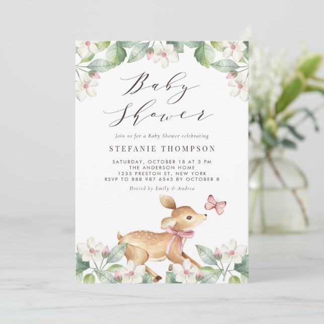Invitation Watercolor Floral Woodland Baby Deer Baby Shower (Debout devant)