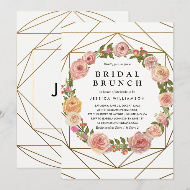 Invitation Watercolor Floral Wreath Brunch nuptial géométriqu (Devant / Derrière)