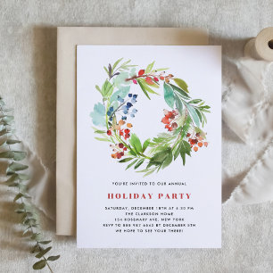 Invitation Watercolor Foliing et Holly Wreath Holiday Party