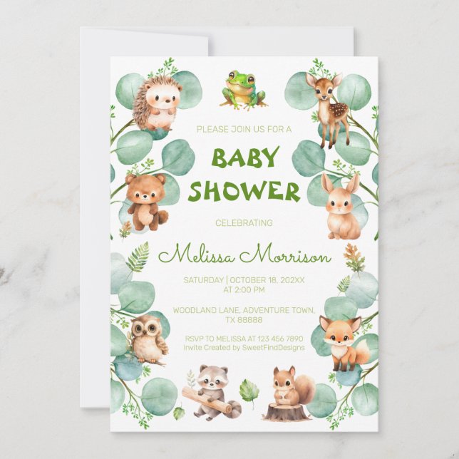 Invitation Watercolor Forest Baby Boy Douche (Devant)