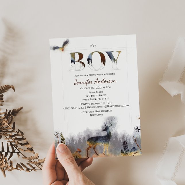 Invitation Watercolor Forest Boy Country Deer Baby shower (Créateur téléchargé)