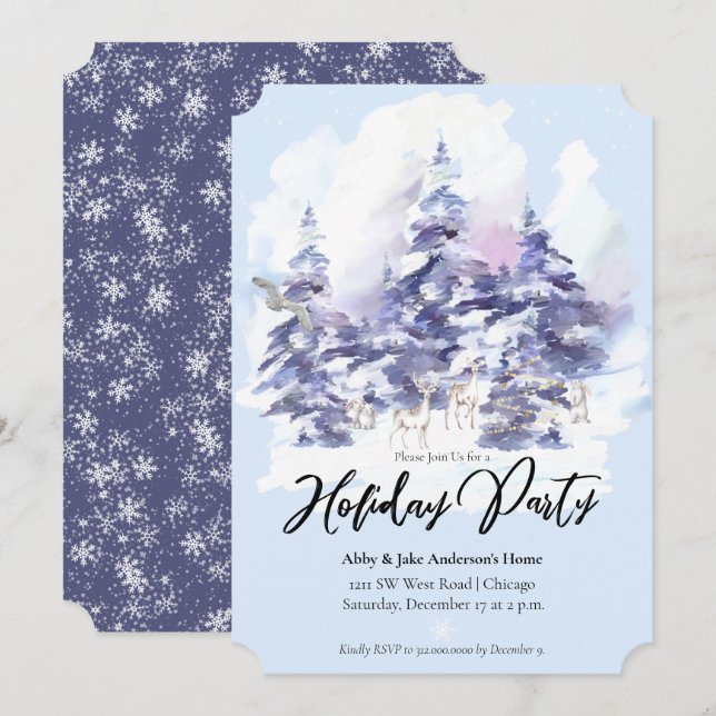 Invitation Watercolor Forêt de bois Fête d'hiver (Devant / Derrière)