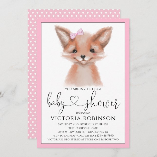 Invitation Watercolor Fox Girl Woodland Baby shower (Devant / Derrière)