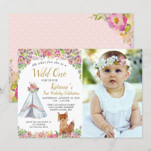 Invitation Watercolor Fox Tribal Boho Floral Birthday Photo