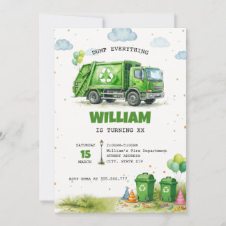 Invitation Watercolor Garbage Truck Recycling Birthday