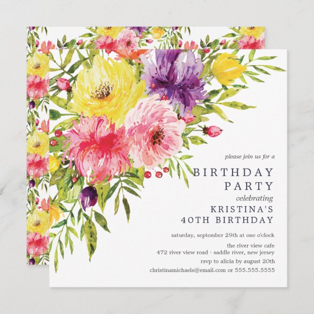 Invitation Watercolor Garden Floral Anniversaire Fête Invitat (Devant / Derrière)