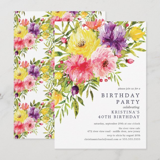 Invitation Watercolor Garden Floral Anniversaire Fête Invitat (Devant / Derrière)