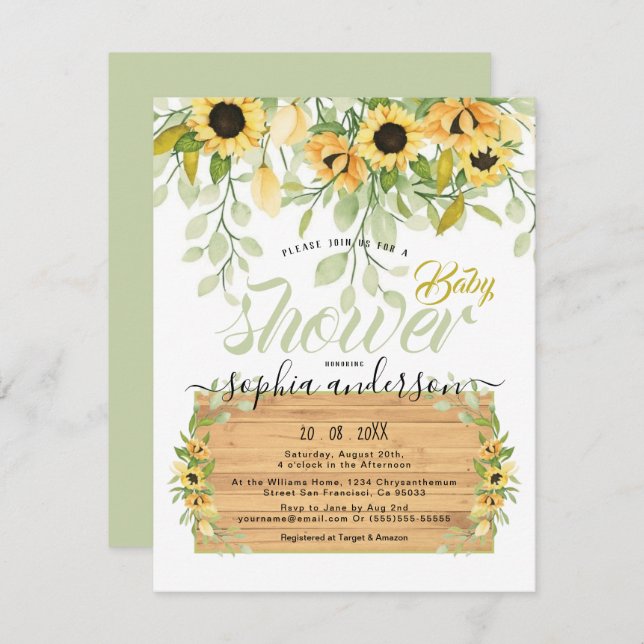 Invitation Watercolor Garden Sunflower & Baby shower en bois (Devant / Derrière)
