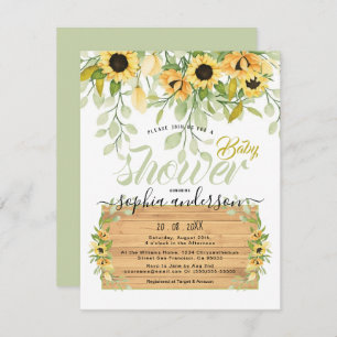 Invitation Watercolor Garden Sunflower & Baby shower en bois