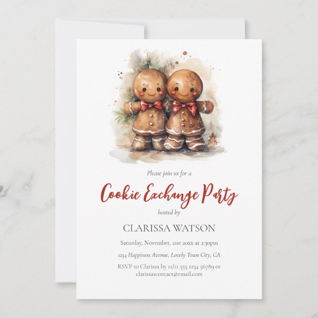Invitation Watercolor Gingerbread Cookie Exchange Party (Devant)