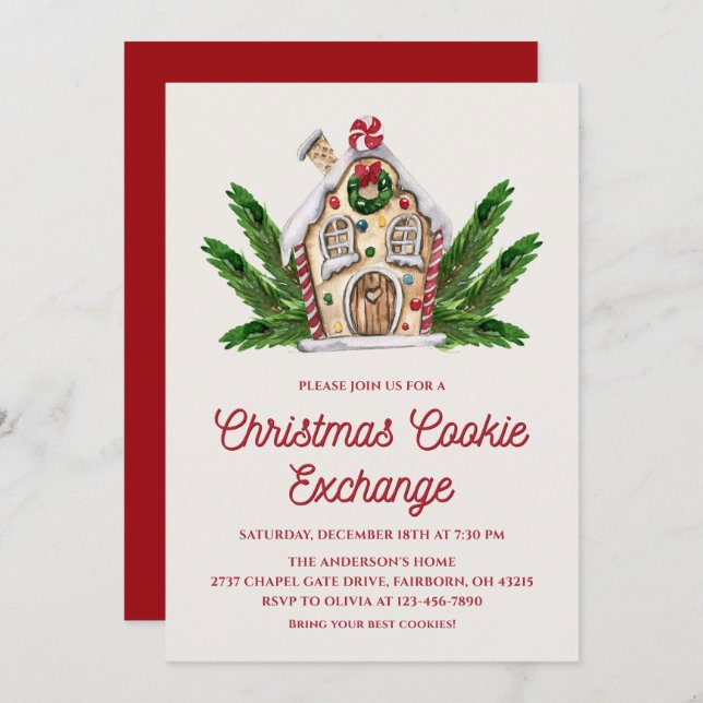 Invitation Watercolor Gingerbread House Cookie Exchange Party (Devant / Derrière)