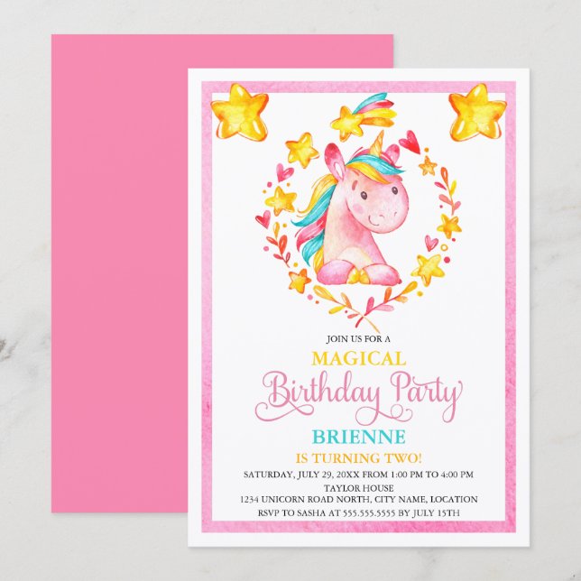 Invitation Watercolor Girl's Unicorn Birthday Party (Devant / Derrière)
