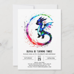 Invitation Watercolor Girly Dragon Digital Girl Anniversaire
