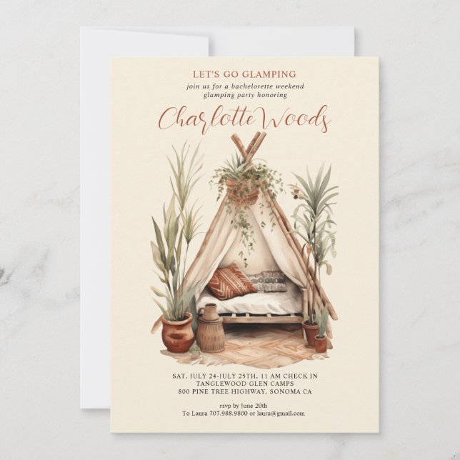 Invitation Watercolor Glamping Bachelorette Camping Party (Devant)