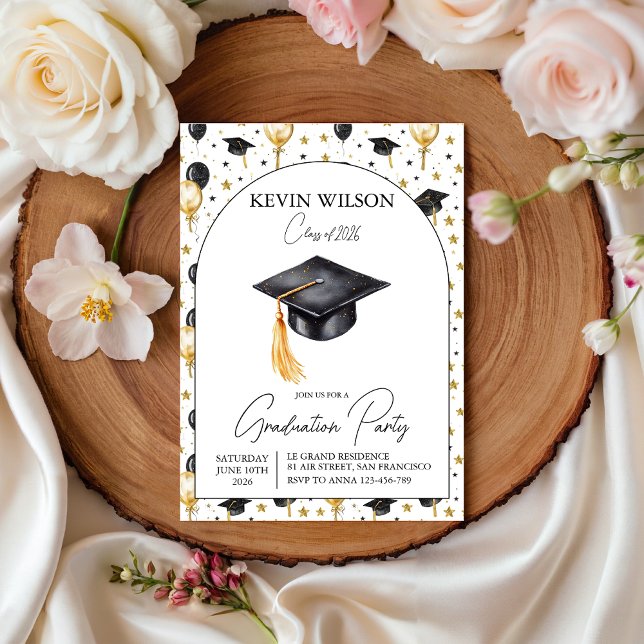 Invitation Watercolor Gold Balloon Graduation Invite (Créateur téléchargé)