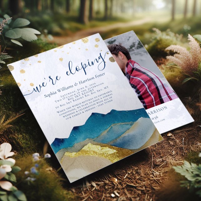 Invitation Watercolor Gold Mountains Photo Mariage Elopement (Créateur téléchargé)