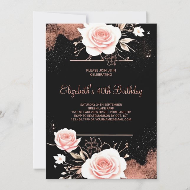 Invitation Watercolor Gold Rose en ligne 40e anniversaire (Devant)