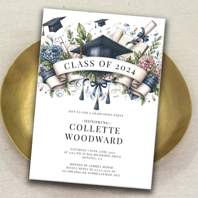 Invitation Watercolor Graduation Floral Banner Grad Party (Créateur téléchargé)