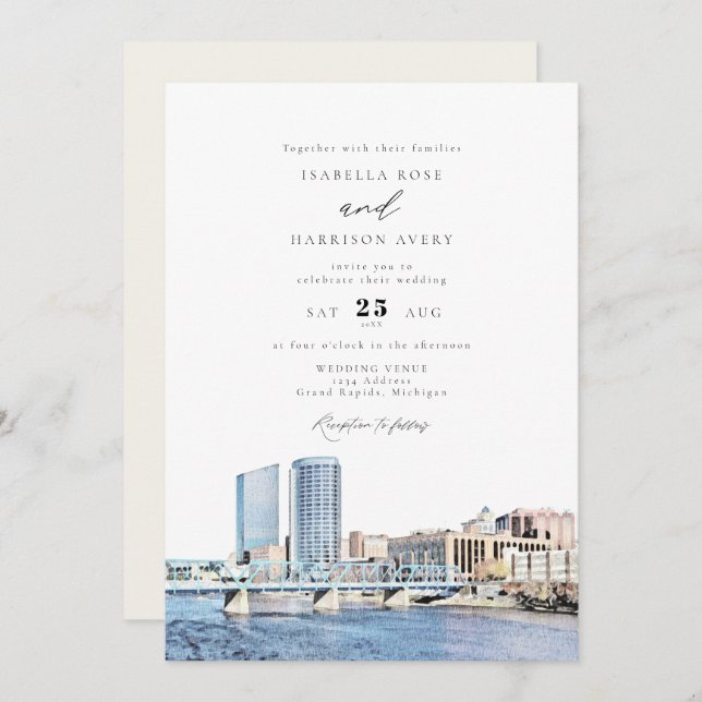 Invitation Watercolor Grand Rapids Michigan Skyline Mariage (Devant / Derrière)