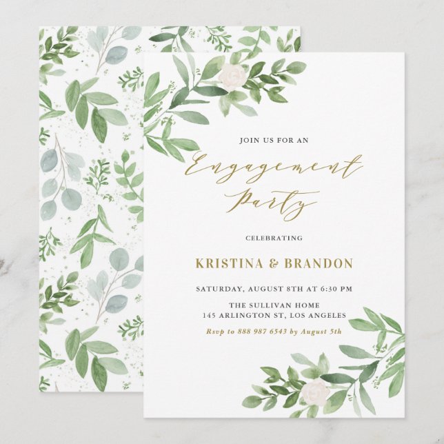 Invitation Watercolor Green and Flowers Engagement Party (Devant / Derrière)