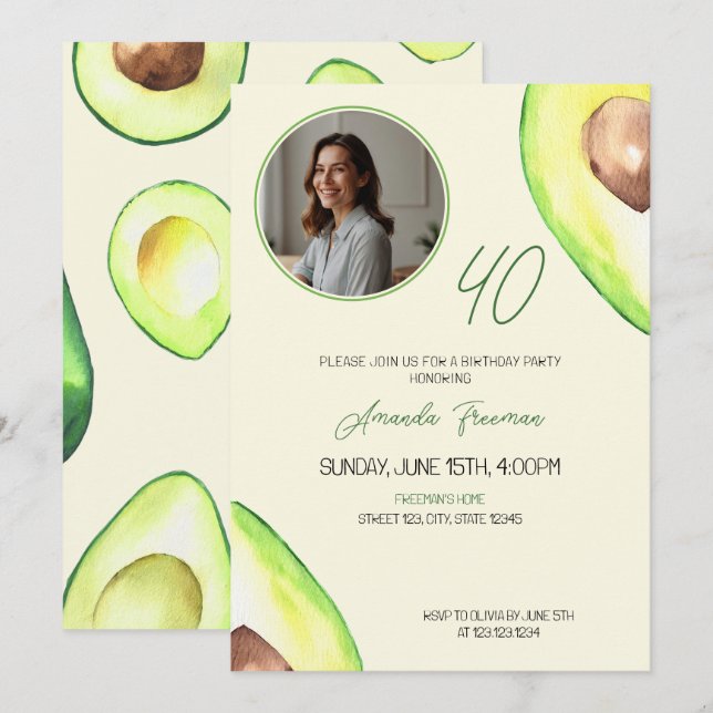 Invitation Watercolor Green Avocado Photo Anniversaire (Devant / Derrière)