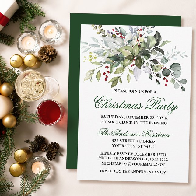 Invitation Watercolor Green Berries fête de Noël (Customize to change text color, size, style or to change color of back of card.)