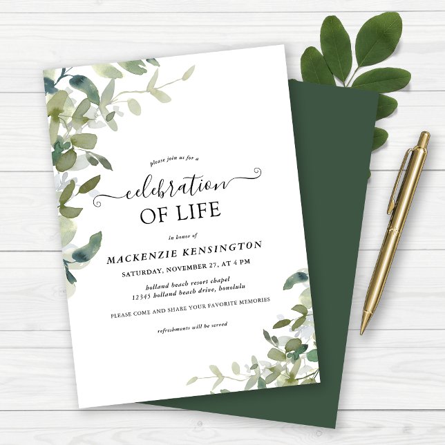 Invitation Watercolor Green Célébration de la vie (Watercolor Greenery Celebration of Life Memorial Invitation)