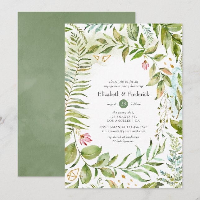 Invitation Watercolor Green Engagement Party (Devant / Derrière)