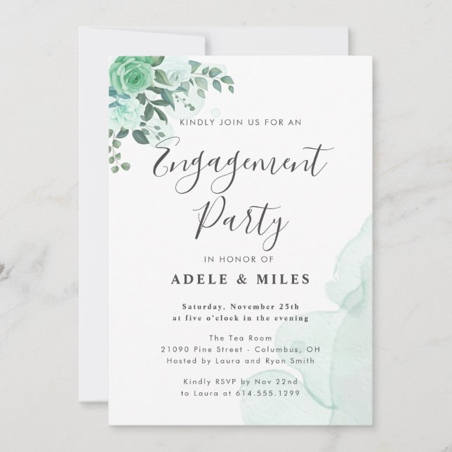 Invitation Watercolor Green Flowers Engagement (Devant)