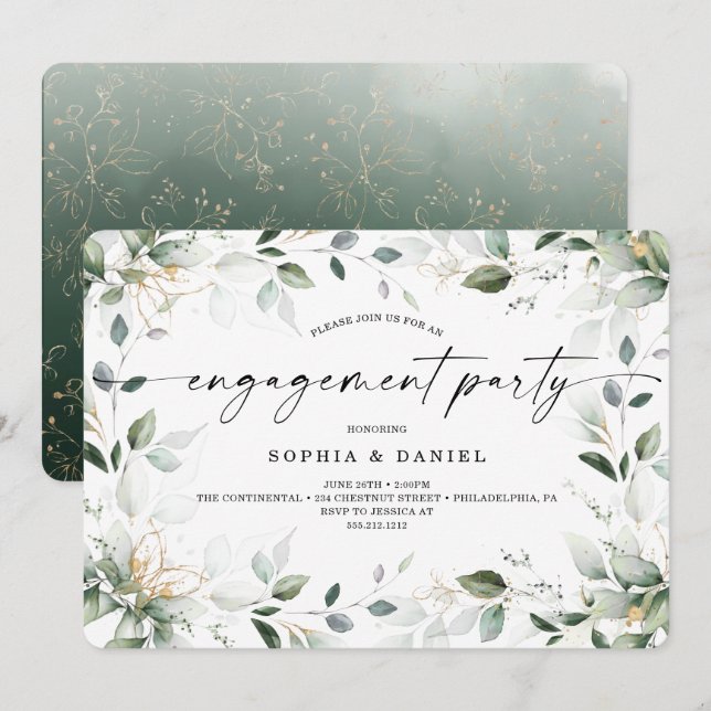 Invitation Watercolor Green Gold Engagement Party (Devant / Derrière)