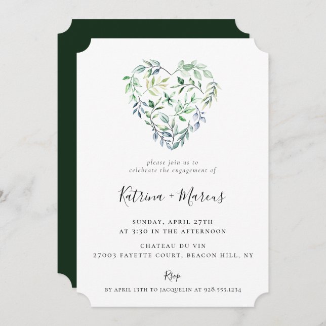 Invitation Watercolor Green Heart Engagement Party (Devant / Derrière)