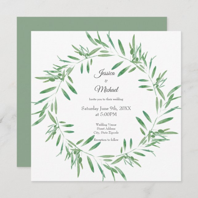 Invitation Watercolor Green Olive Wreath (Devant / Derrière)
